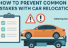 Car being transported on a truck with checklist and warning signs