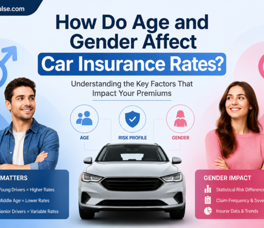 How Do Age and Gender Affect Car Insurance Rates? Illustration showing how age and gender affect car insurance rates with male and female drivers, a car, and insurance risk factors.