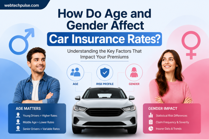 How Do Age and Gender Affect Car Insurance Rates – Complete Insurance Guide Illustration showing how age and gender affect car insurance rates with male and female drivers, a car, and insurance risk factors.