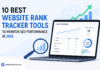 Illustration of the best website rank tracker tools for 2026 showing an SEO dashboard, keyword ranking charts, analytics metrics, and website performance monitoring on a laptop screen.