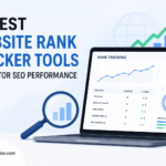 Illustration of the best website rank tracker tools for 2026 showing an SEO dashboard, keyword ranking charts, analytics metrics, and website performance monitoring on a laptop screen.