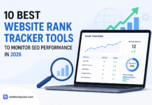 Illustration of the best website rank tracker tools for 2026 showing an SEO dashboard, keyword ranking charts, analytics metrics, and website performance monitoring on a laptop screen.