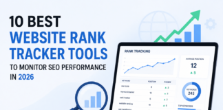 Illustration of the best website rank tracker tools for 2026 showing an SEO dashboard, keyword ranking charts, analytics metrics, and website performance monitoring on a laptop screen.