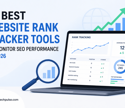 Illustration of the best website rank tracker tools for 2026 showing an SEO dashboard, keyword ranking charts, analytics metrics, and website performance monitoring on a laptop screen.