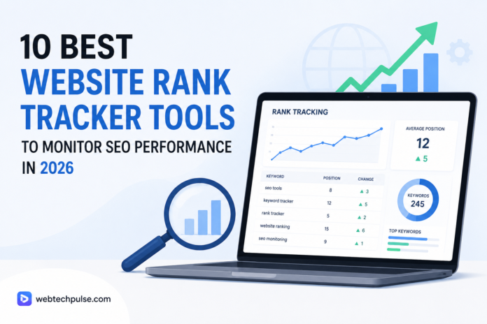 Illustration of the best website rank tracker tools for 2026 showing an SEO dashboard, keyword ranking charts, analytics metrics, and website performance monitoring on a laptop screen.