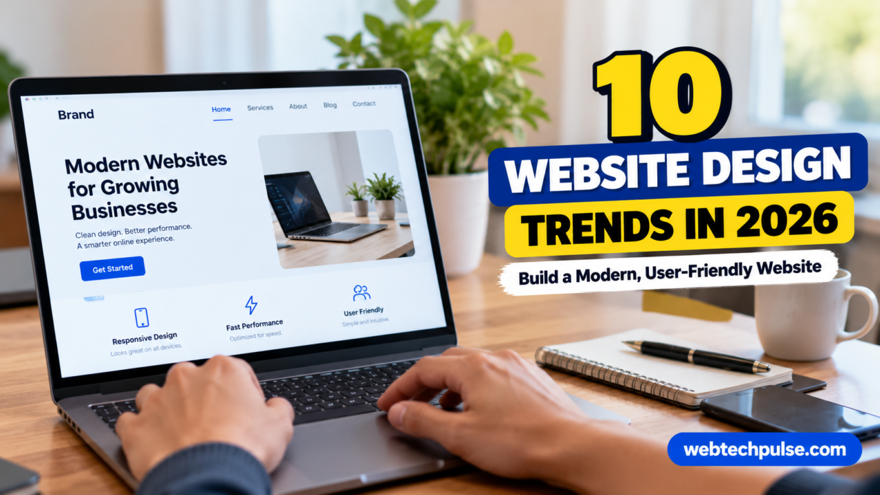 10 website design trends in 2026, featuring a laptop displaying a modern website design on a desk in a natural workspace.